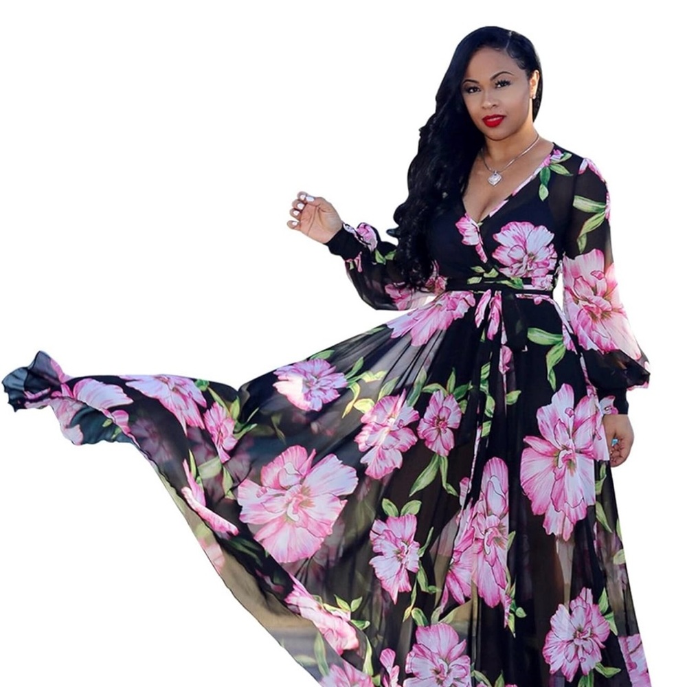Chiffon Deep V-Neck Printed Maxi Dress Size M